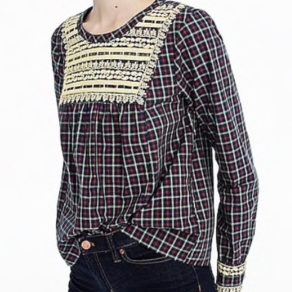 NEW! J CREW Plaid Embroidered Peasant Blouse XXS.